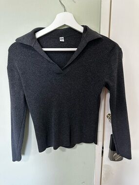 Washable Ribbed Knit Polo Sweater V neck UNIQLO XS charcoal/gray
